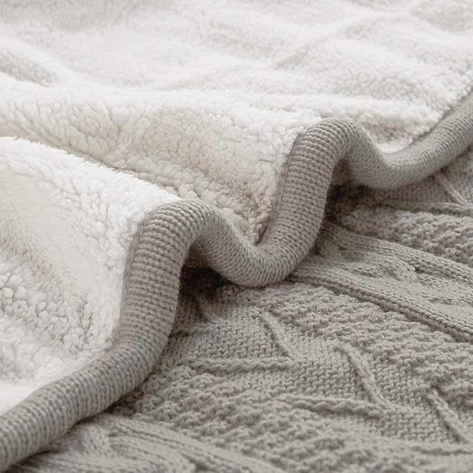 Longhui bedding Acrylic Cable Knit Sherpa Throw Blanket - Thick, Soft, Big, Cozy Light Grey Knitted Fleece Blanket for Couch, Sofa, Bed - Large 50 x 63 Inches Light Gray Coverlet All Season