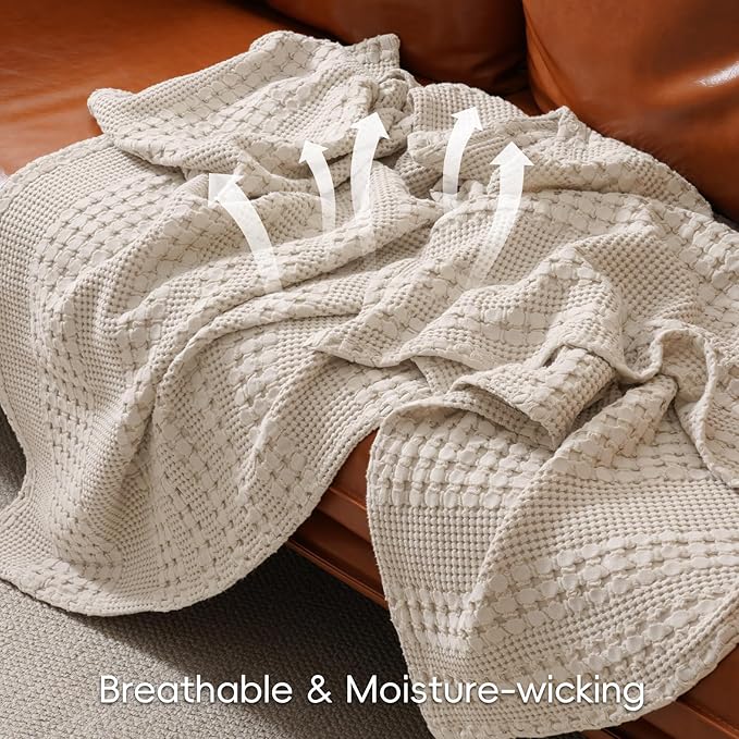 PHF 100% Cotton Waffle Weave Blanket Queen Size for Bed, Soft Lightweight & Breathable for Spring and Summer, All-Season Comfort, Luxury Aesthetic Blanket for Home Decor, 90"x90", Light Taupe/Oatmeal
