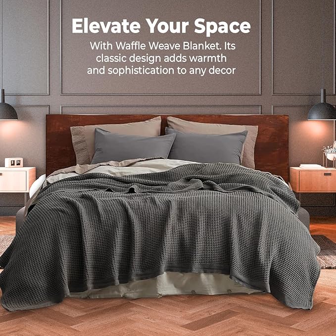100% Cotton Blankets for Bed - Waffle Weave Blankets for Summer, Lightweight and Breathable Soft Woven Blanket for Spring (Dark Grey, King (90" x 108"))