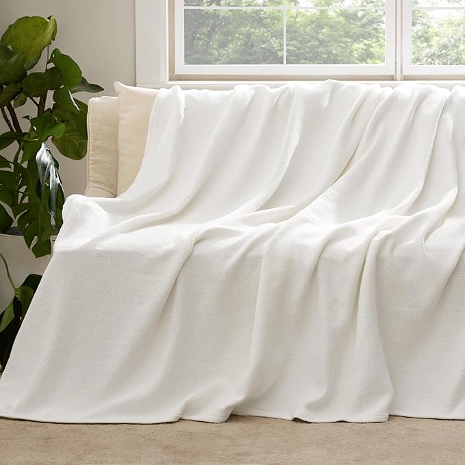 Bedsure GentleSoft 100% Cotton Large Throw Blanket for Couch 50x70 inches - Breathable and Lightweight, Soft Cozy Herringbone Woven Cotton Throw for Summer, White Office Chair Blanket