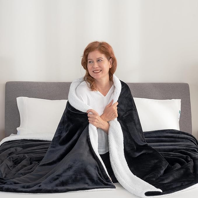 Berkshire Blanket-Sherpa Fleece Blanket, Warm and Soft Loftmink Reversible Blanket for Bed, Sofa and Travel, Black, 90 in x 108 in