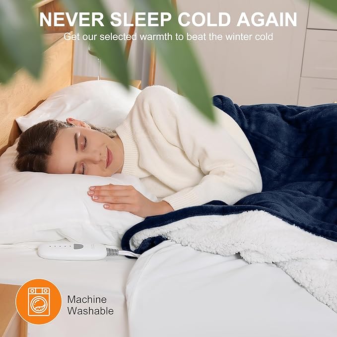 Electric Blanket 62X84in Heated Blanket Twin Size - Fleece Heating Blanket Washable with 5 Heating Level & 10 Hour Auto Off for Office, Chair Heated Blanket for Winter, Great Gift Ideas(Navy Blue)