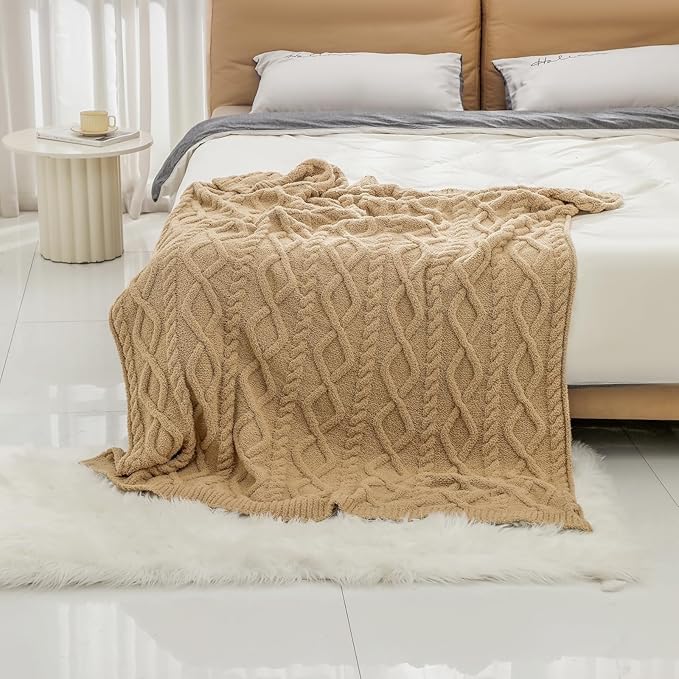 bearberry Plush Fleece Blanket Ultra Cozy & Warm Cable Knit - Machine Washable Throw for Living Room, Bedroom, Office | Lightweight Fuzzy Blanket for Adults, Kids, Pets (Camel, 50”x60”)