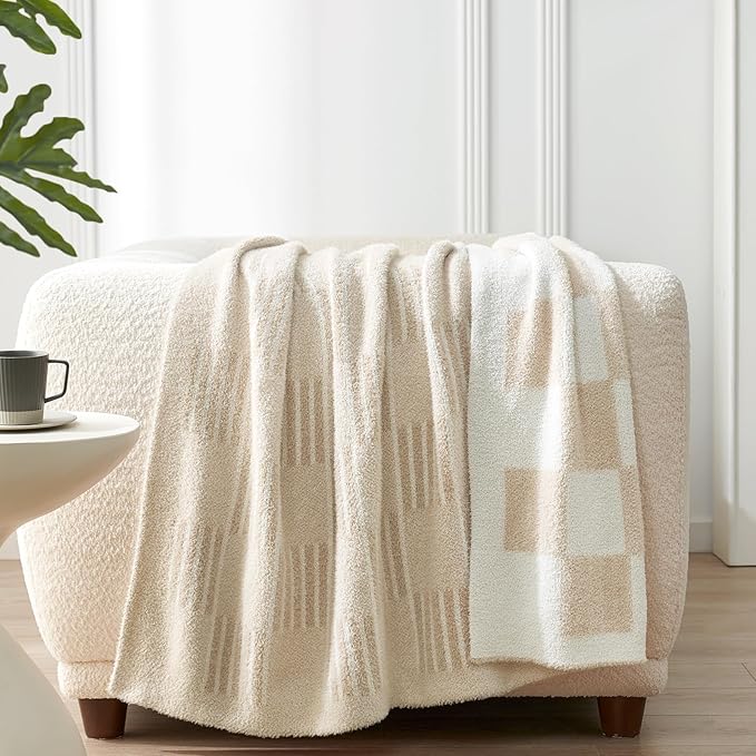 Snuggle Sac Faux Fur Checkered Blanket Twin Size with Soft Knitted Microfiber,Reversible Soft Cozy Warm Blanket for Sofa Bedroom,Cute Lightweight Striped Throws for Women,Heather Cream,60x80 inches
