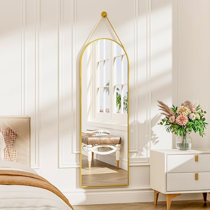TinyTimes 16"x48" Hanging Mirror with Leather Strap,Arched Full Length Mirror with Aluminum Frame Wall-Mounted Hanging Mirrors for Bathroom Vanity Living Room Bedroom Entryway Décor, Gold
