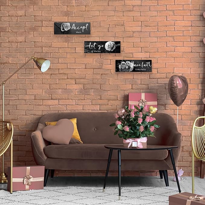 3 Pcs Black White Wall Decor Inspirational Wooden Flower Wall Art White Roses Bathroom Decor with Accept Let Go Have Faith Positive Quotes for Women Living Room Bedroom(White Rose 16X5")