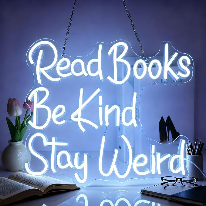 Neon Sign, Read Books Be Kind Stay Weird Neon Signs for Wall Decor White LED Neon Light Up Signs Home Decor for Study Room Bookstore Bedroom Business Club Decoration USB Operated