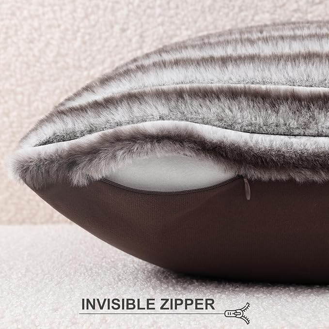 Pallene Faux Fur Plush Lumbar Throw Pillow Covers 12x20 Set of 2, Luxury Soft Fluffy Striped Decorative Pillow Covers for Sofa, Couch, Living Room, Ombre Coffee