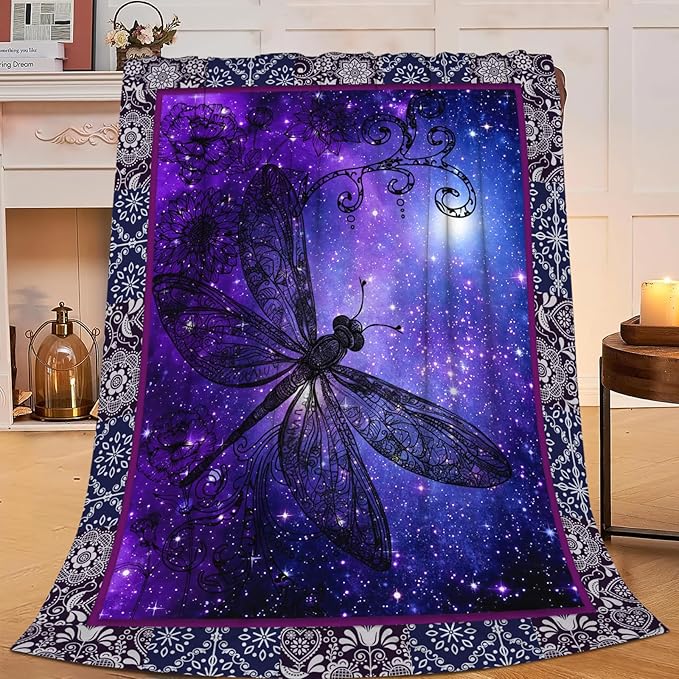 Dragonfly Blanket for Girls Women Boys Men Adults Kids Soft Cozy Fleece Purple Galaxy Starry Dragonfly Throw Blankets Gifts Warm Flannel Plush Lightweight Decor for Couch Bed Sofa 50"X40"