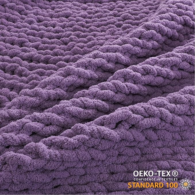 WESHIONGOO Chunky Knit Blanket Throw Knitted Throw Blankets for Couch Bed Fluffy Soft Blanket with Jumbo Chenille Yarn Thick 100% Handmade (Purple, 51"×63")