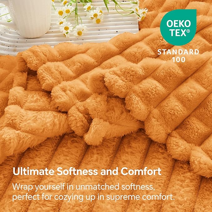 BEDELITE Updated Burnt Orange Throw Blanket for Couch and Bed- Super Soft and Warm 3D Checkered Fluffy Fuzzy Fleece Blanket, Luxurious Plush Cozy Blanket for Room Decor Spring, 50x60 inches