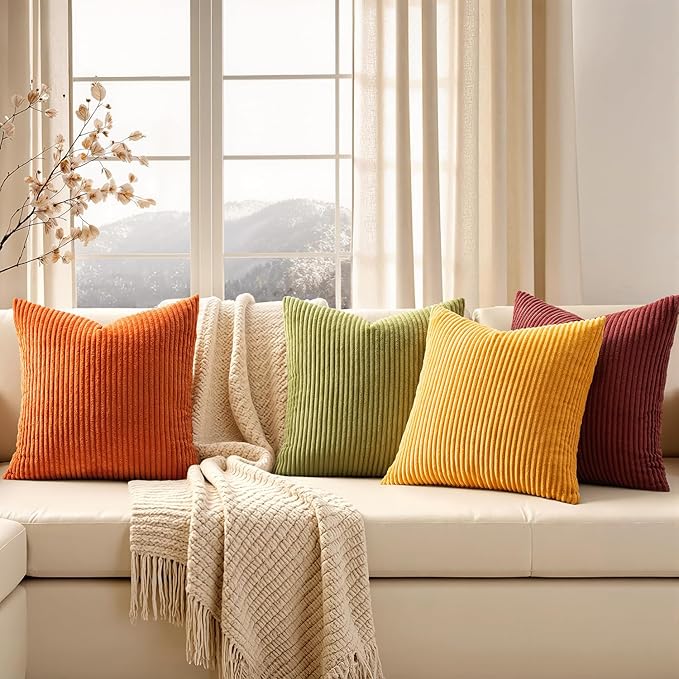 EMEMA Burnt Orange Decorative Throw Pillow Covers for Couch Bed Livingroom 16x16 Inch Set of 4 Boho Farmhouse Corduroy Striped Square Pillow Case,Western Modern Cushion Covers Home Decor