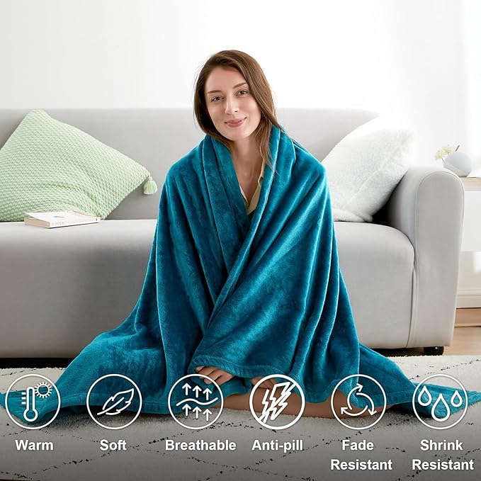 Hansleep Fleece Teal Throw XL Blanket, Super Soft Flannel Fuzzy Plush Cozy Blanket for All Seasons, Teal, Throw XL 50x70 Inches