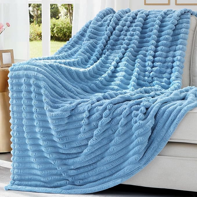 decorUhome Soft Fleece Blue Blanket King Size for Bed, Cozy Fluffy Plush Flannel Large Striped Throws for Couch Sofa, Lightweight Decorative Fuzzy Blanket for Woman, 108x90 Inches