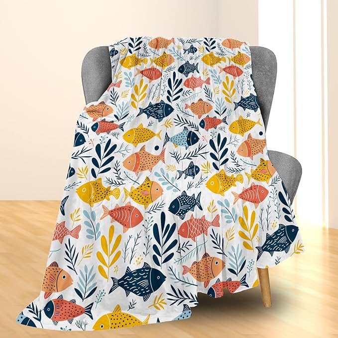 Cartoon Fish Blanket | Soft Warm Fuzzy Lightweight Flannel Throw Blanket Perfect for Couch, Bed, Decor, Travel & Outdoor Use, Cozy Blankets for Adults Women Girls 50×40 in