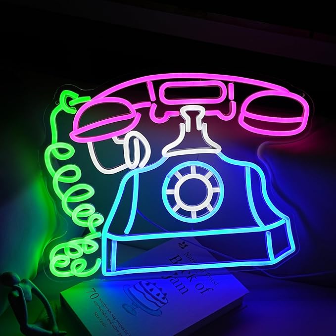 Telephone Neon Sign Retro Phone Light Up Sign Dimmable Landline Neon Light Colorful Phone LED Sign for Bedroom Office Bar Shopping Center School