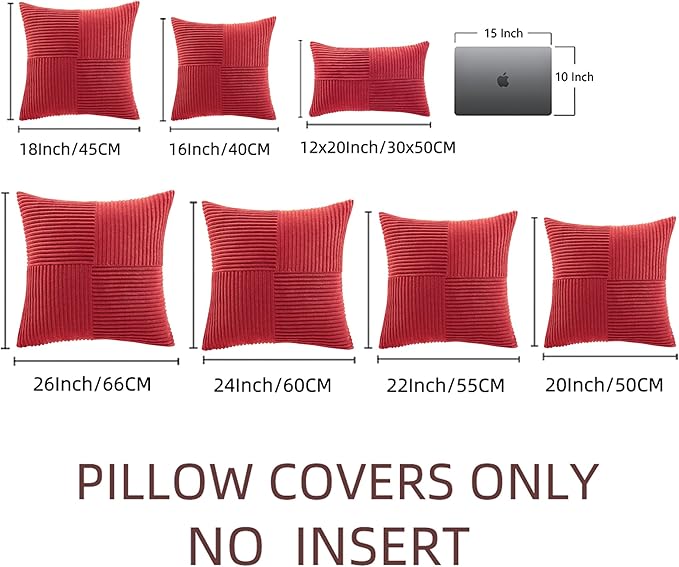 Fancy Homi 2 Packs Red Big Decorative Throw Pillow Covers 24x24 Inch for Couch Bed Sofa, Holiday Christmas Home Decor Gift, Soft Corss Corduroy Patchwork Accent Square Cushion Case 60x60 cm