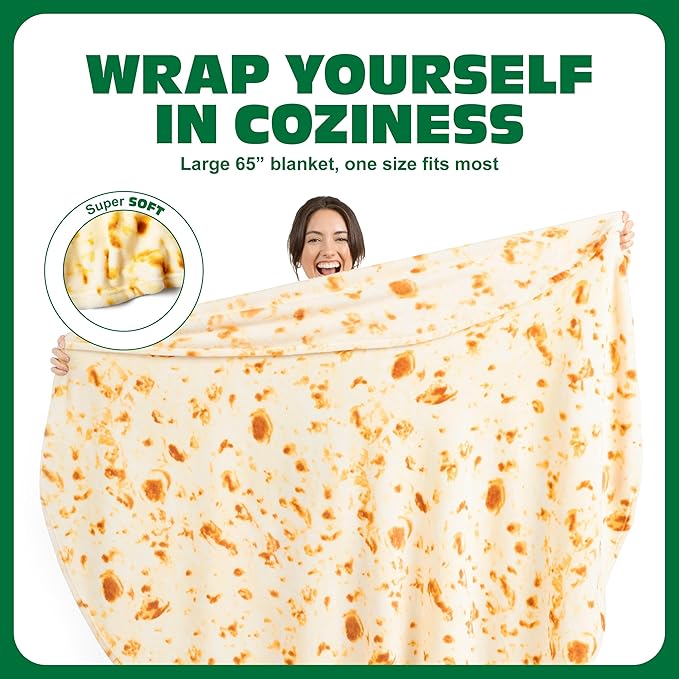 Cozy Concepts Co. Burrito by Relatable, Viral Trend Inspired, Looks Like a Giant Tortilla to Wrap Yourself Up Like a Burrito, Great Easter Gift for Room Decor or Easter Basket Stuffers, Large Size 65”