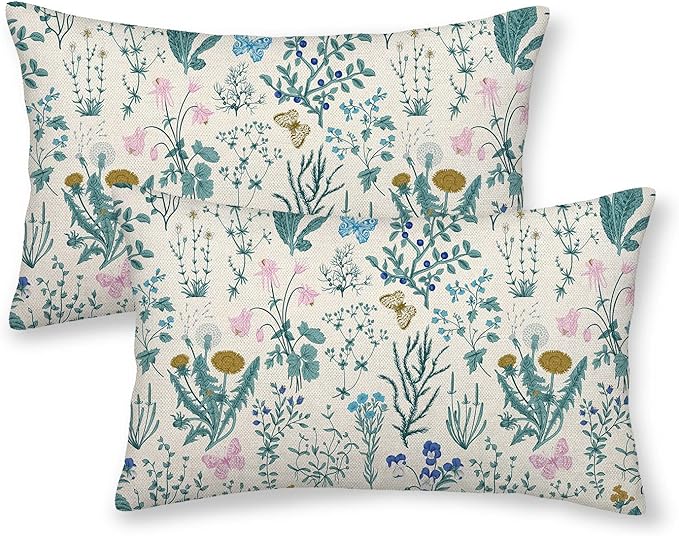 AEIOAE Spring Pillow Covers 12x20 Inch Set of 2,Blue Teal Wild Flower Plant Throw Pillows Case,Seasonal Floral Outdoor Decorative Linen Farmhouse Decor Cushion Covers for Home Sofa Bed Couch