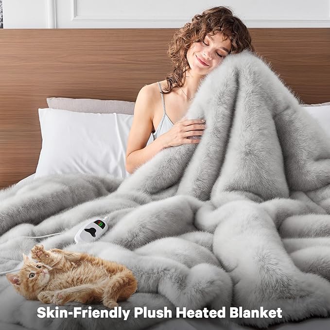 Heated Electric Blanket Throw,Octrot 50"X60" Faux Fur Heating Blanket Luxury Christmas Gifts Heavy Plush with 10 Heats Levels & 8 Hours Auto Off,Super Cozy Warm Fuzzy,Fluffy Decor Winter Warming,White