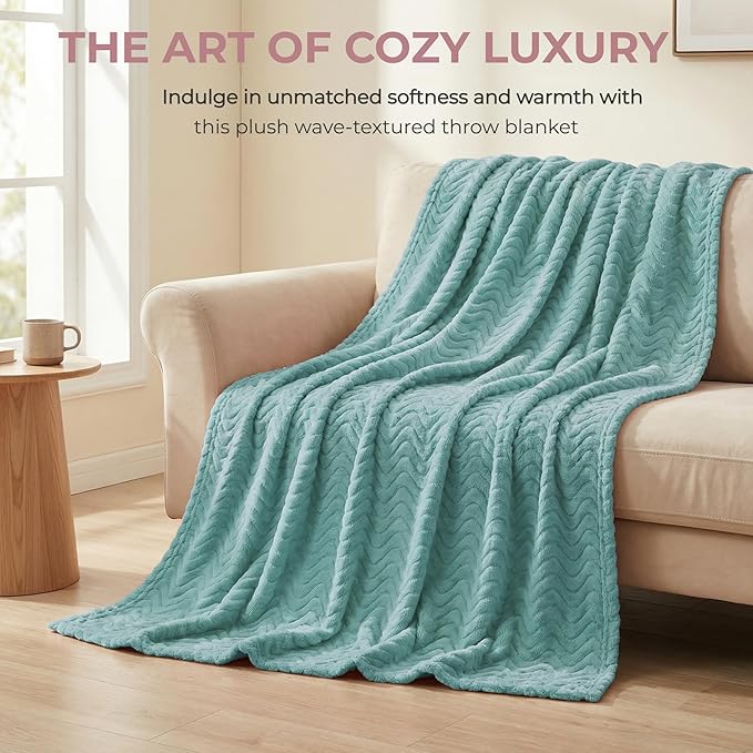 Exclusivo Mezcla Fleece Throw Blanket for Couch, Cozy Lightweight Blankets for All Season, Decorative Giftable Fuzzy Plush Wave Textured Throws for Women, Men, Celadon, 50x70 Inches