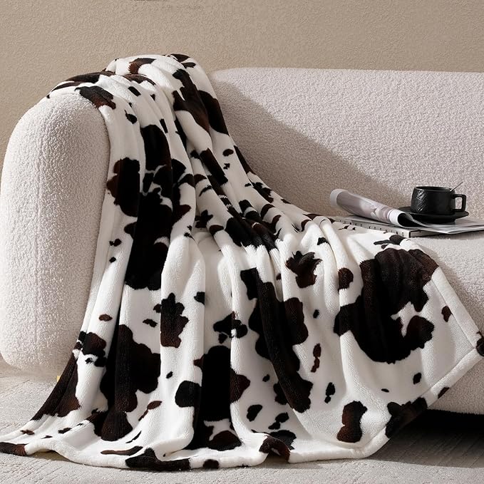 Cozy Bliss Cow Print Throw Blanket for Bed - Fuzzy Thick Soft Warm Fleece Blankets for Couch & Bed, for Women Men Girls Kids, Dark Brown Twin Size 60"*80"
