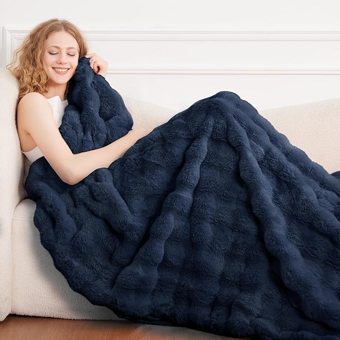 Comelady Faux Rabbit Fur Throw Blanket for Couch,Soft Fluffy Thick Bubble Blanket for Bed Sofa Room Decor-Lightweight Cozy Fuzzy Blanket Gifts for Women Men,Navy Blue,50"×60"