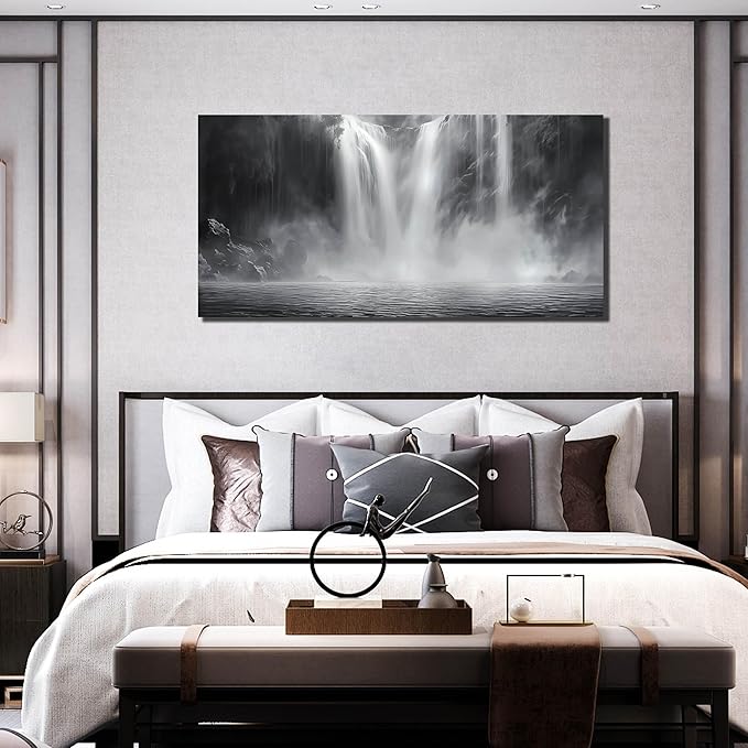 Waterfall Pictures for Living Room - Landscape Black and White Canvas Wall Art for Office - Large Abstract Bedroom Wall Decor Above Bed Size 29" x 59"