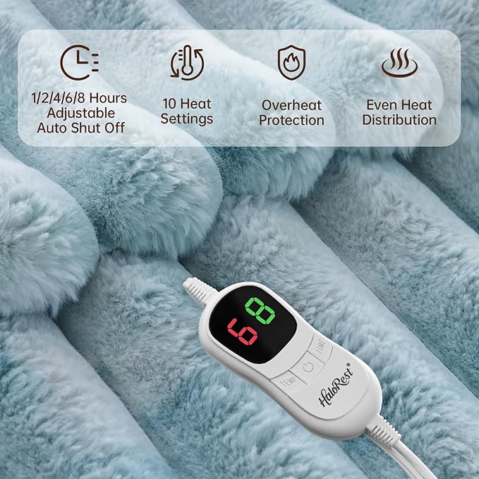 Heated Throw Blanket, Faux Fur Cozy Heating Blanket with Overheat Protection, 1/2/4/6/8 Hours Auto-Off 10 Heat Level, Machine Washable (62x84 Inches, Blue)