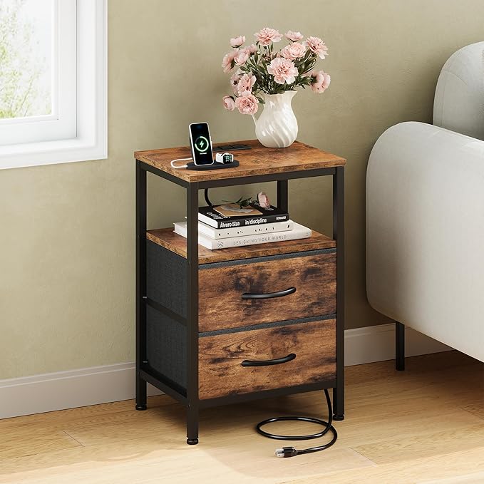 DUMOS Nightstand Set of 2 with Built in Charging Station USB Ports and Outlets Adjustable Fabric Drawer Storage Bedside Table with Open Shelf for Bedroom,Brown