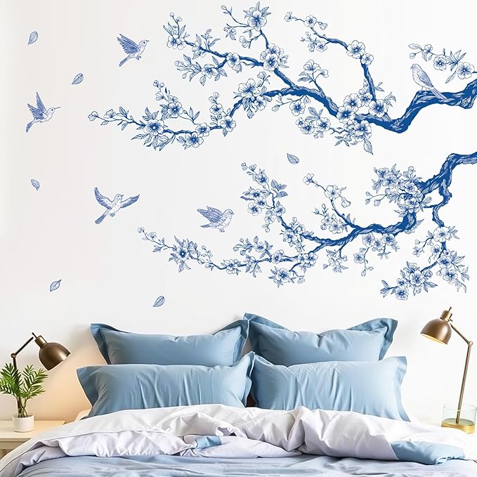 SHUCHING Blue and White Flower Wall Sticker, Tree Branch Wall Decal Peel and Stick, Vintage Boho Floral Wall Art Decor for Bedroom Living Room
