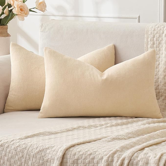 MIULEE Beige Couch Pillow Covers 12x20 Inch, Set of 2 Soft Chenille Decorative Lumbar Throw Pillow Covers Farmhouse for Sofa Living Room Bed