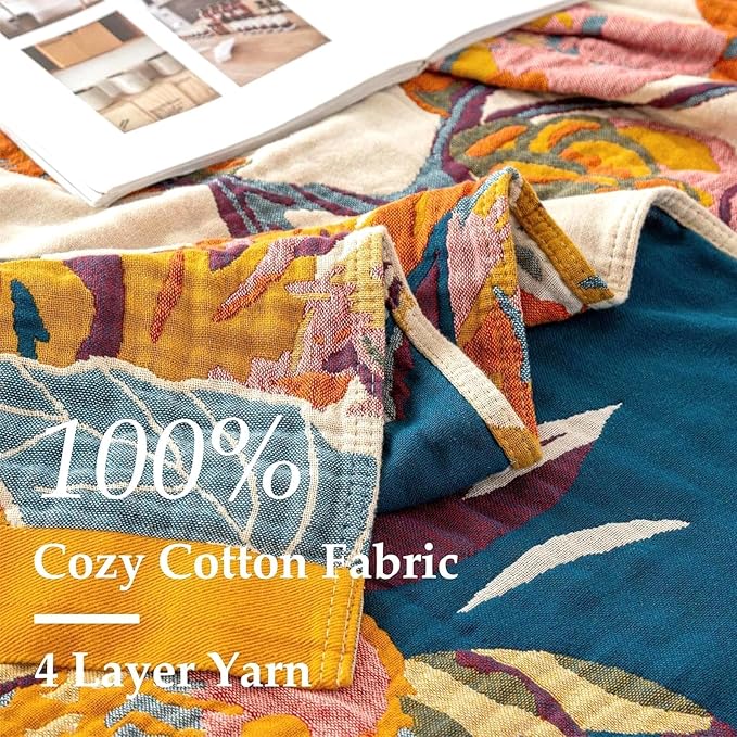 Boho Throw Blanket 100% Cotton Soft Bed Throw Twin Lightweight Spring Blanket Floral Bird and Butterfly Room Decor Breathable Bed Blankets,60"x80" All Season Reversible Blankets for Sofa Couch Chair