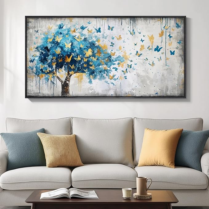 Framed Large Tree Wall Art, Blue and Gold Abstract Tree of Life Canvas Painting Print Artwork for Walls, Modern Golden Butterfly Picture for Living Room Bedroom Dining Room Hallway Wall Decor, 20x40
