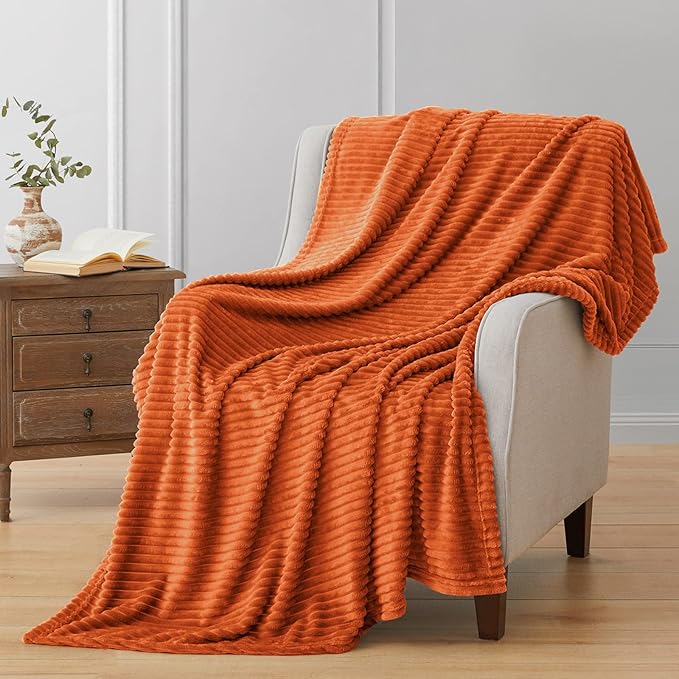 Vessia Flannel Fleece Orange Throw Blanket for Couch, Lightweight Warm Cozy Soft Striped Bed Throw for Adults and Kids, Microfiber Ribbed Sofa Blanket for All Season