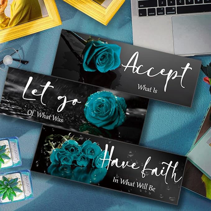 3 Pcs Teal wall decor Inspirational Teal Bathroom Decor Wooden Rose Wall Art Turquoise Office Decoration with Accept Let Go Have Faith Quotes for Girl Women Bedroom 12 x 4 Inches