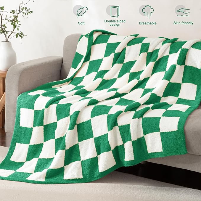 Whale Flotilla Checkered Knit Blanket Twin Size, Ultra Soft Warm Reversible Cozy Decorative Blankets for Couch Sofa and Bed, 60x80 Inch, Green