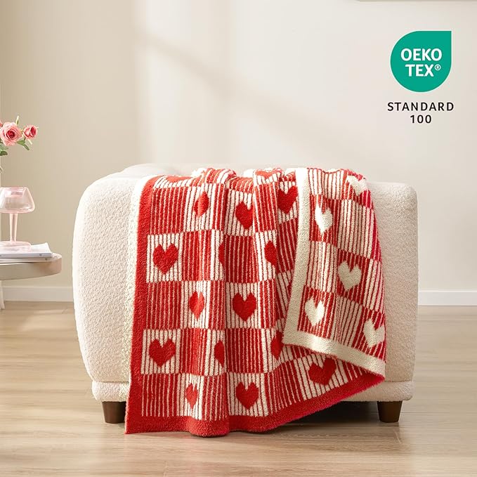 Snuggle Sac Red Heart Checkered Blanket for Women, Valentines Day Love Blankets Heart Blankets for Her Wife Mom,Super Soft Warm Fluffy Faux Fur Blanket for Couch Sofa Bed,Red Heart,60x80 inches