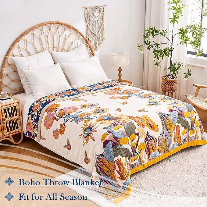 Boho Throw Blanket, 100% Cotton Ultra Soft Luxury Throw Rustic Quilt, 60"x80" Floral Bird Butterfly Farmhouse Decor Bed Blankets, All Season Rustic Reversible Bohemian Throw for Bed - Yellow
