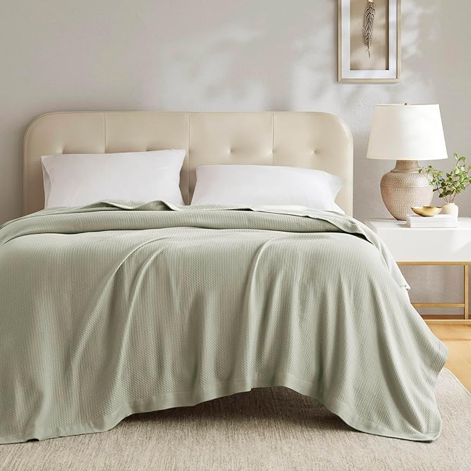 Madison Park 100% Egyptian Cotton Lightweight Summer Blanket, Breathable Waffle Knit Design, Soft Cozy All-Season Throw for Bed, Couch or Sofa, Sage Green Full/Queen Size (90"x90")