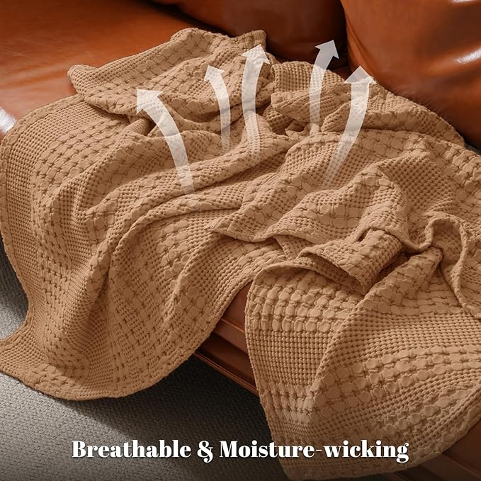 PHF 100% Cotton Waffle Weave Throw Blanket, Soft Lightweight Breathable Cozy Throws for Couch Bed Sofa, Luxury Aesthetic Blanket Gift for Home Decor & Office, 50"x60", Clay