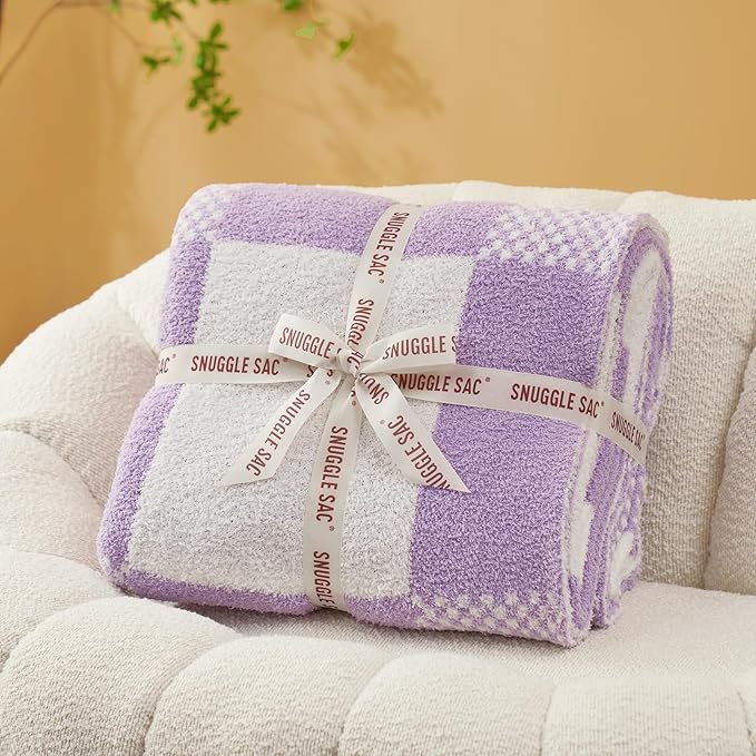 Snuggle Sac Checkered Blanket, Lilac Purple Throw Blanket for Couch Plaid Microfiber Fluffy Warm Cozy Fuzzy Soft Throw Blanket Reversible Checkerered Blankets for Sofa, Bed, 60x80 inches