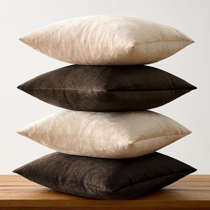 GIGIZAZA Pillow Covers 18x18 Set of 4,Brown Champagne Velvet Soft Pillow Covers Decorative Square Modern Pillows Cushion Cases for Living Room