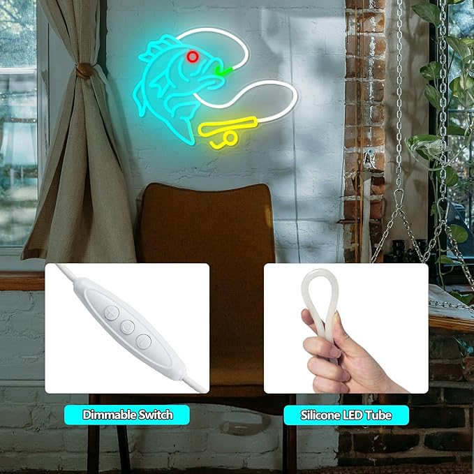 Fishing Neon Sign for Wall Decor, Dimmable Fishing Hook Lights Neon, Fishing Themed LED Neon Light Sign for Fishing Lovers Fishing Gear Store Man Cave Yacht Party Coastal Kitchen Bedroom Boy Presents