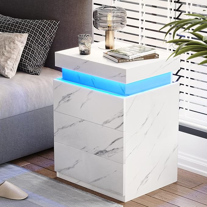 ADORNEVE Nightstand with Charging Station and LED Lights,Night Stand with Sliding Top for Bedroom,Bedside Table with Drawers,Modern End Side Table,White Marble