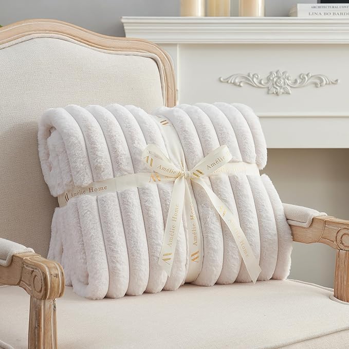 Amélie Home Faux Fur Throw Blanket for Couch, Cozy Fuzzy Fluffy Fur Luxurious Soft Striped Plush Gift Blankets for Family Sofa Chair Bedroom, 55"x70", Ivory