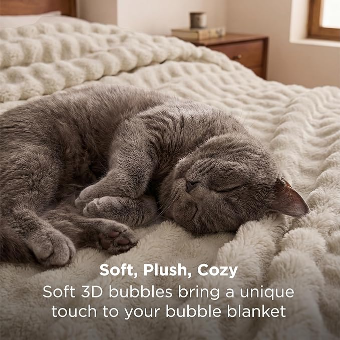Bedsure 3D Fleece Bubble Blanket - GentleSoft Beige Queen Blanket for Bed Sofa Room Decor - Luxury Soft Cozy Gifts for Grilfriend, Lightweight, All Seasons, Beige, 90"×90"