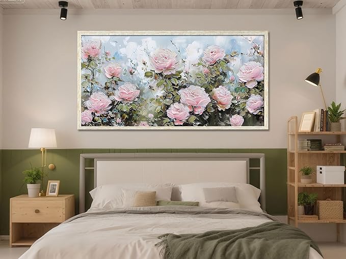 Ardemy Pink Rose Wall Art Canvas for Living Room, Flower Painting Modern Textured Floral Bedroom Picture Artwork Framed Home Office Kitchen Decor Large 48"x24"