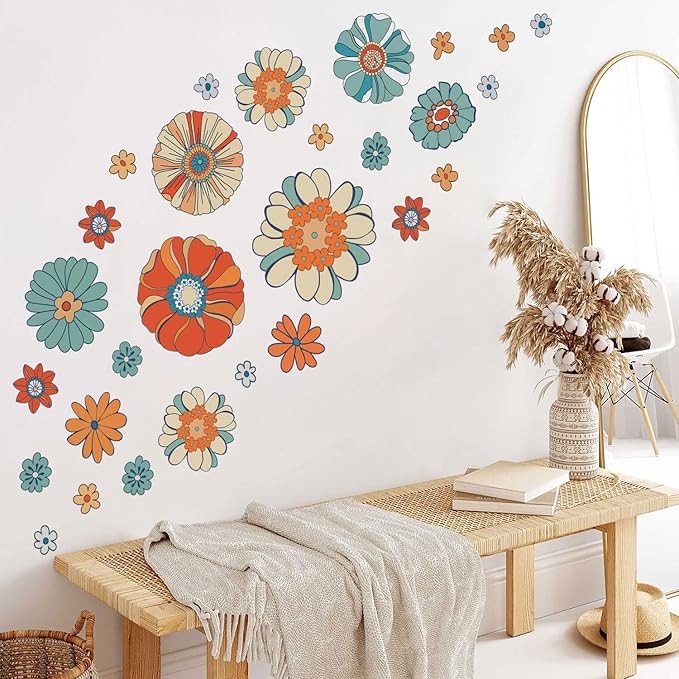 Supzone Boho Retro Floral Wall Decals Large Vintage Flower Wall Stickers Colorful Hippie Flower Wall Art Stickers for Bedroom, Living Room, Offices, Sofa, TV Backdrop Decoration