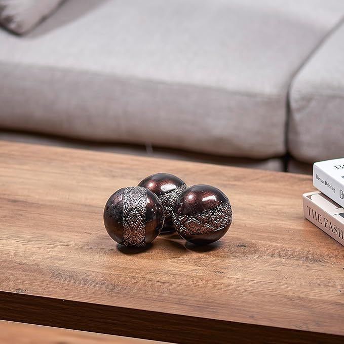 Creative Scents Dublin Brown Centerpiece Bowl With 3 Matching Orbs – Coffee Table Decor with Sphere Balls for Living Room Dining Room Table - Decorations for Home Decor - Mantle House Decor